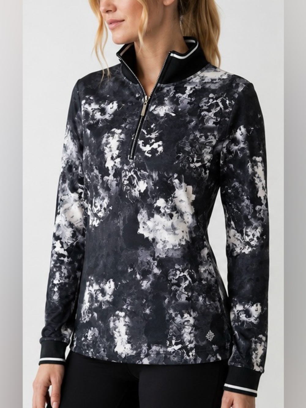 Famara Black Abstract Marble Print Quarter Zip Performance Pullover Size Large